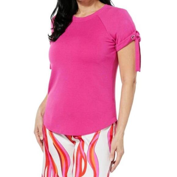 NEW HFR x Megan Renee HSN Soft Touch Magic Jersey Tie Sleeve Top in Fuchsia Sz M - Picture 1 of 7